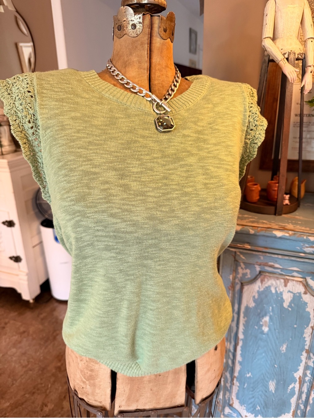 BE COOL Light Green Crochet Cap Sleeve Knit Tank